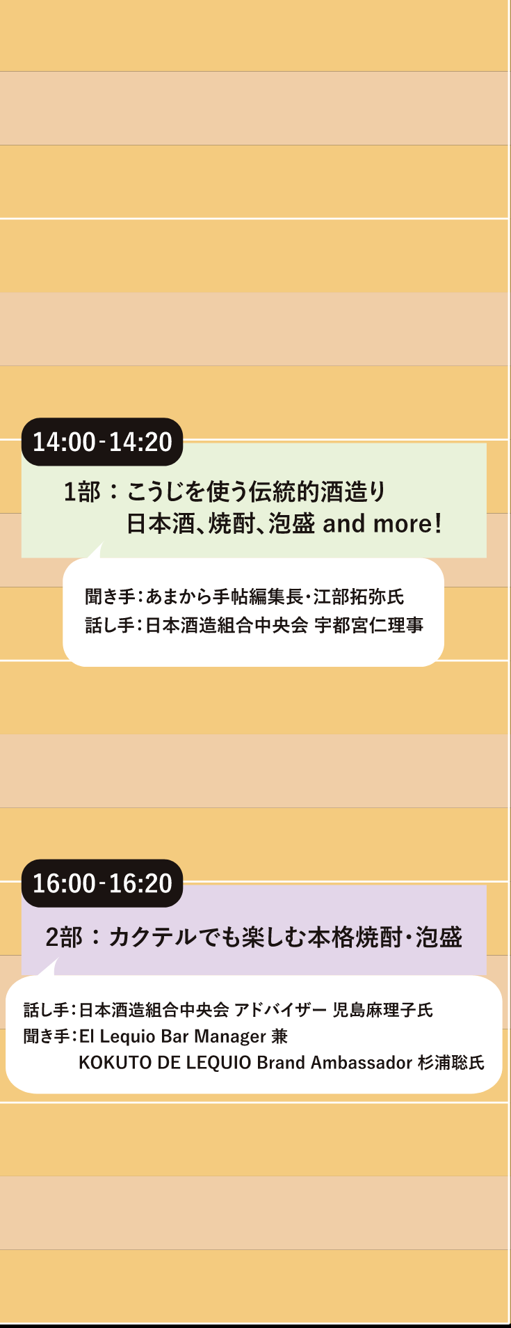 【14:00〜14:20 1部：こうじを使う伝統的酒造り、日本酒、焼酎、泡盛and more！】聞き手：あまから手帖編集長・江部拓弥氏　話し手：日本酒造組合中央会 宇都宮仁理事【16:00〜16:20 2部：カクテルでも楽しむ本格焼酎・泡盛】聞き手：日本酒造組合中央会 アドバイザー 児島麻理子氏　話し手：El Lequio Bar Manager 兼 KOKUTO DE LEQUIO Brand Ambassador 杉浦聡氏